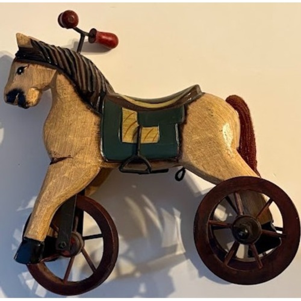 Vintage Folk Art Hand Carved Wooden Horse Tricycle Figurine Decor